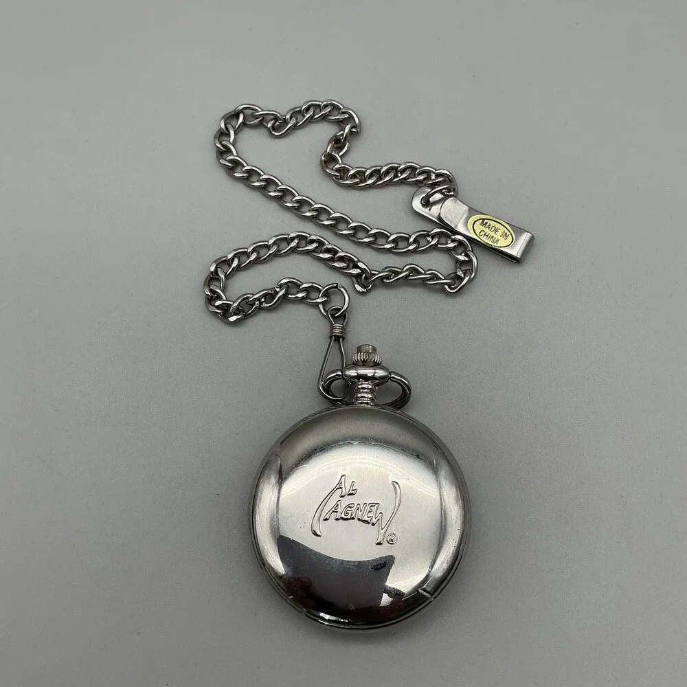 Al Agnew Pocket Watch Men 47mm Silver Tone Wolf Art Full Hunter Chain